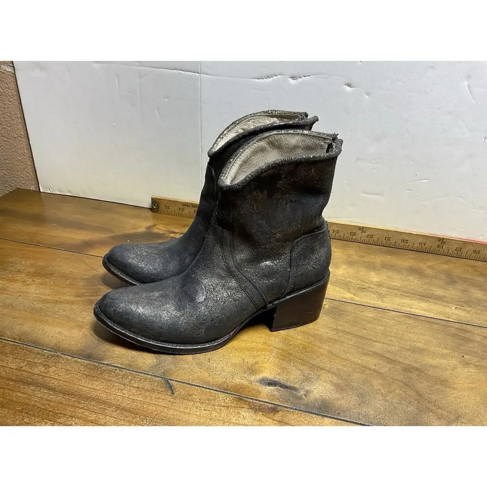 Freebird Peak Ankle Boots Western Block Heel Zip Black Gold Distressed Womens 7